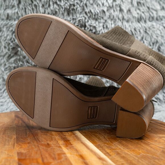 TOMS Women's Majorca Boots Size 9 Block Heel Open Toe Olive Green Suede Boho - Picture 7 of 7